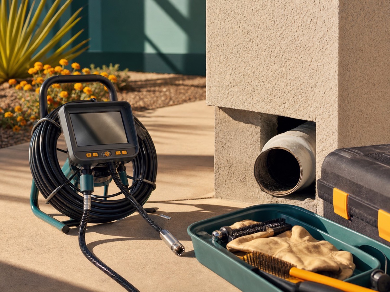 Sewer camera and drain inspection tools beside a residential cleanout